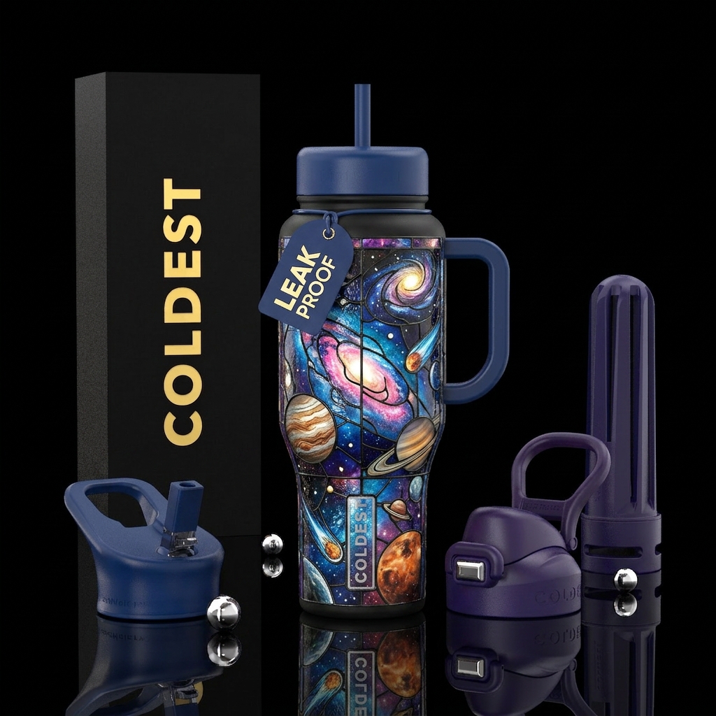 Stained glass outter space water bottle design