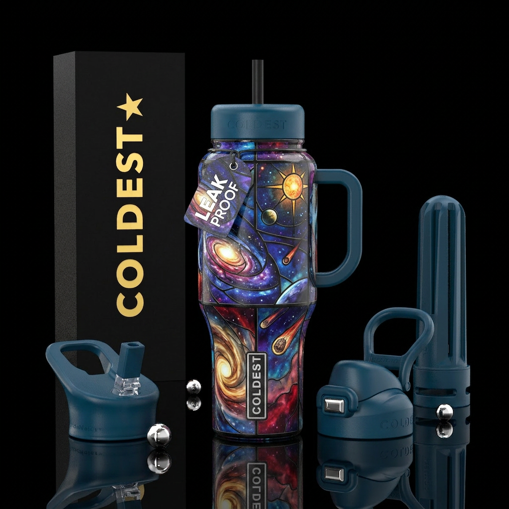 Stained glass outter space water bottle design