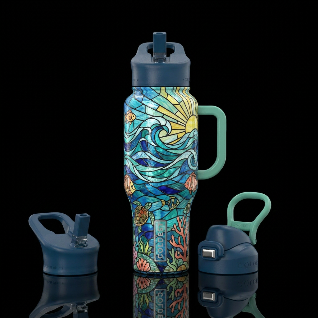 Stained glass ocean water bottle design