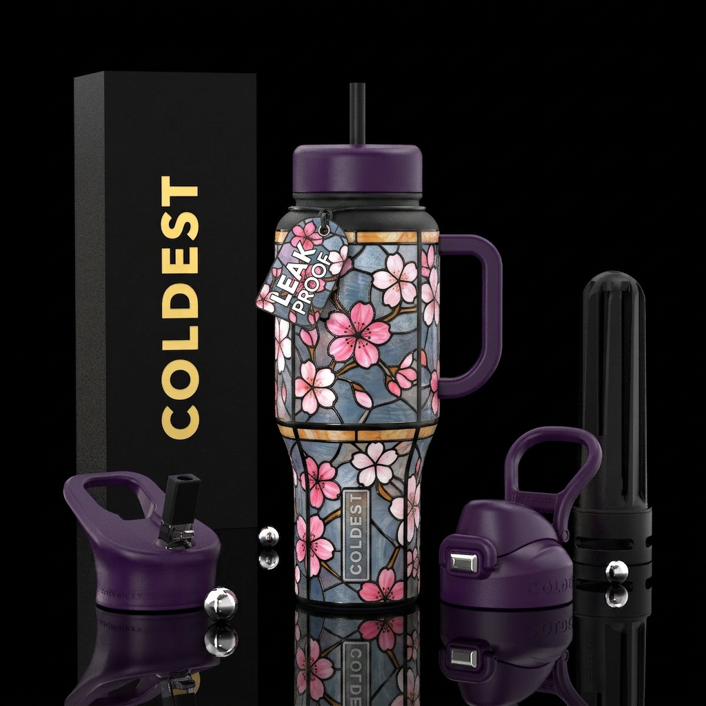 Japanese cherry blossom stained glass water bottle design