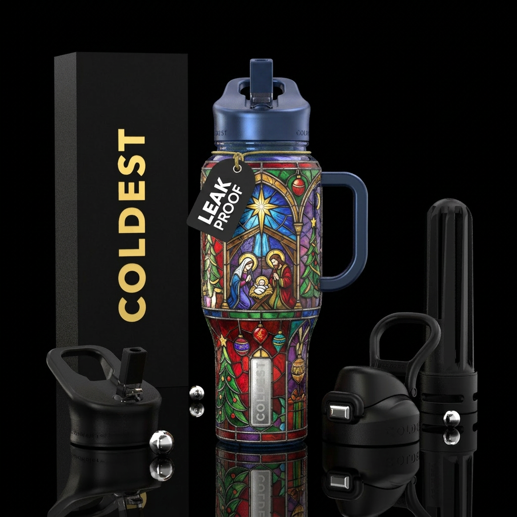 Stained glass christmas mural water bottle design