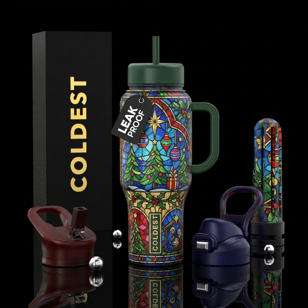 Stained glass christmas mural water bottle design