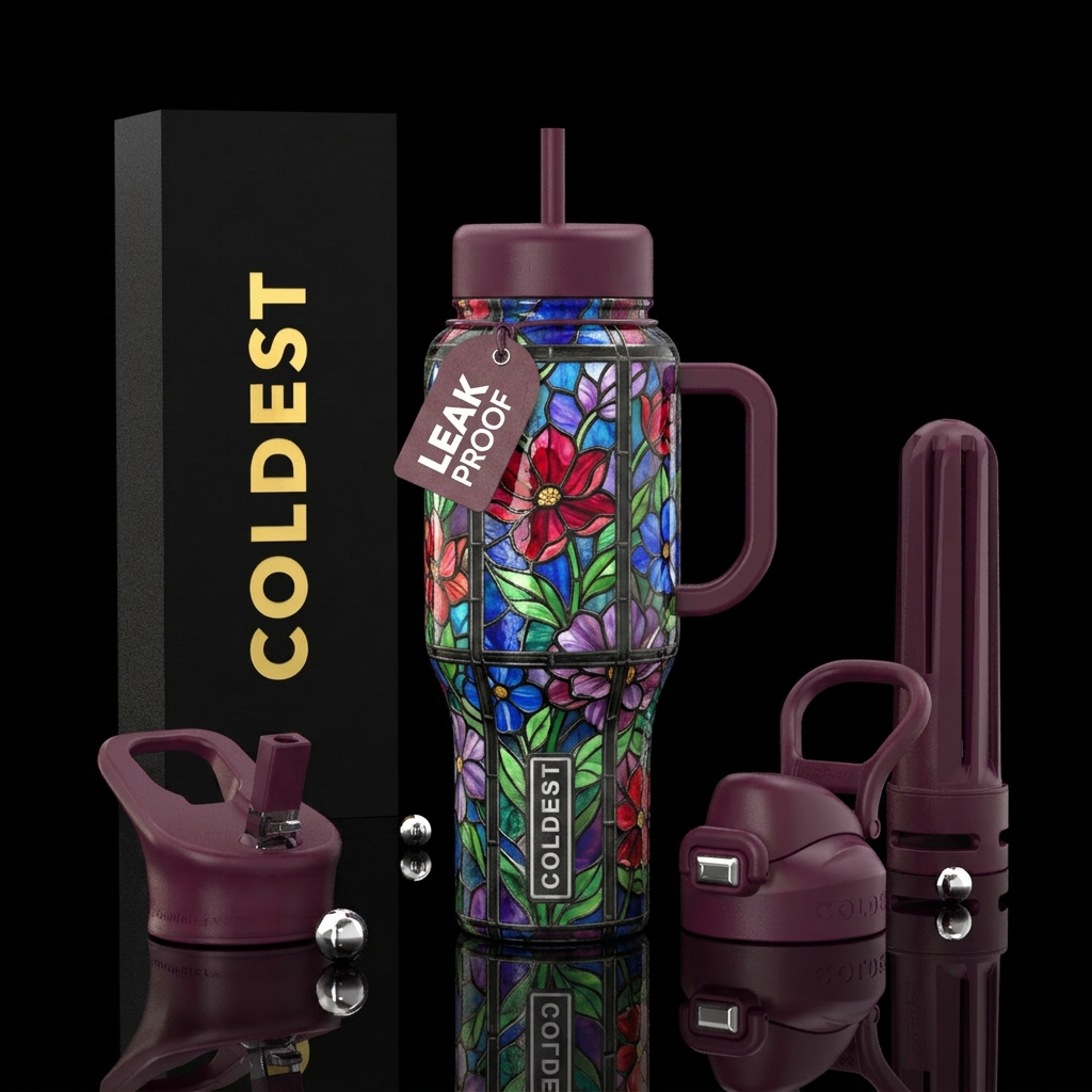 Stained glass floral water bottle design