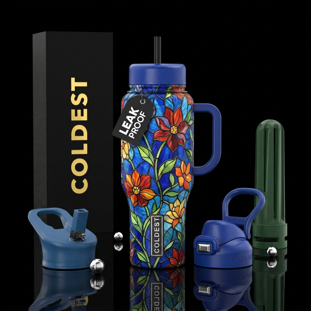 Stained glass floral water bottle design
