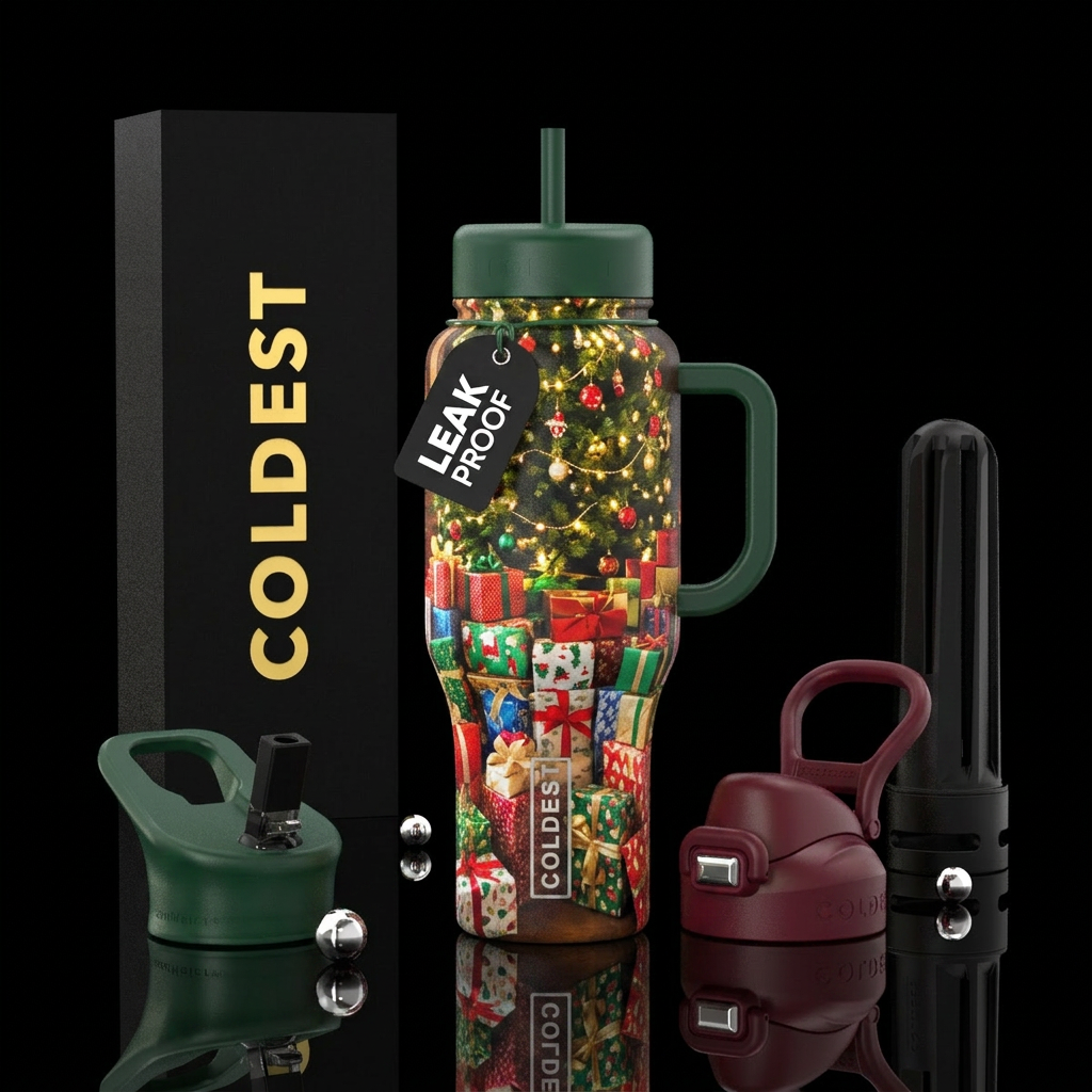 Christmas gifts under tree all lit up water bottle design