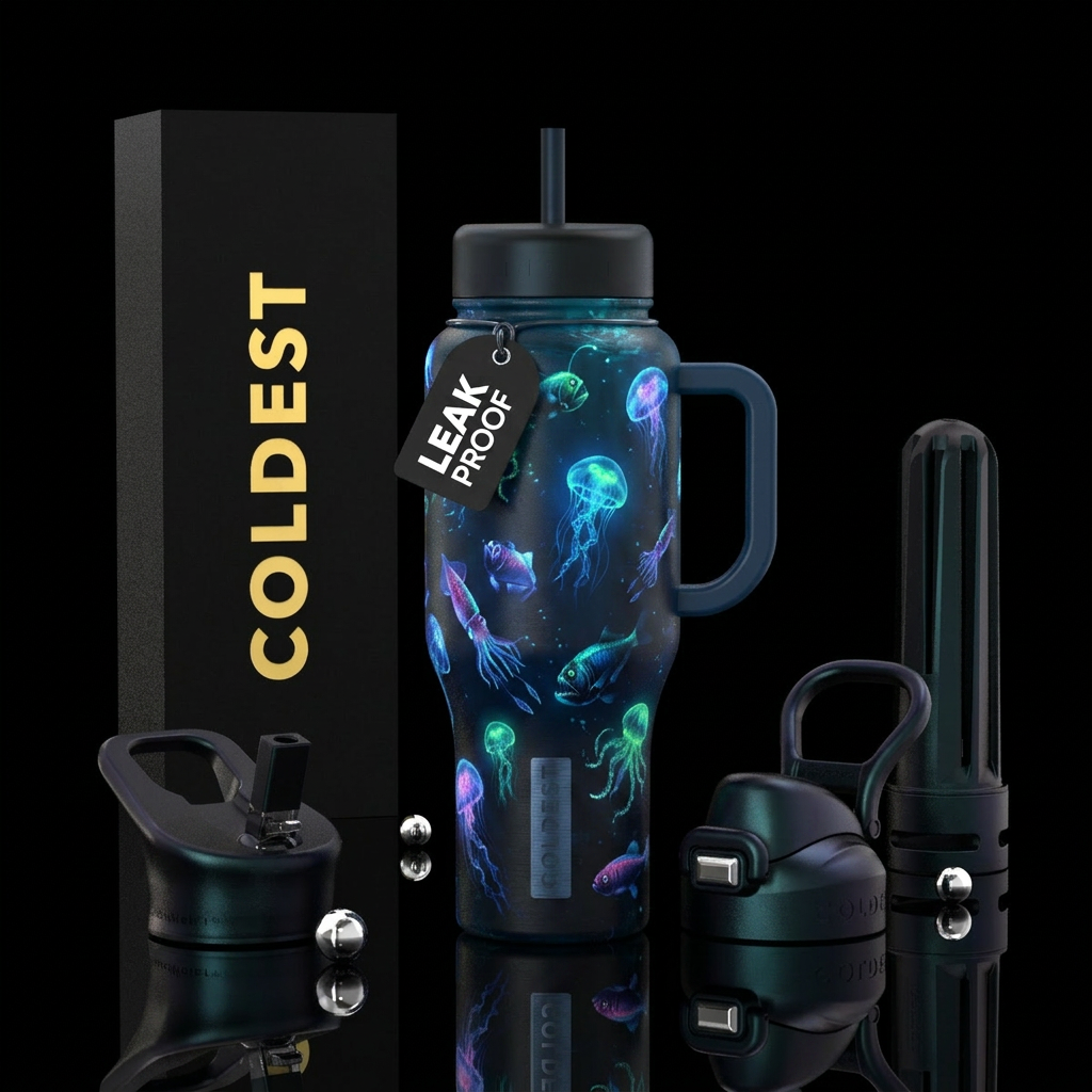 Deep dark ocean with bioluminescent creatures water bottle design
