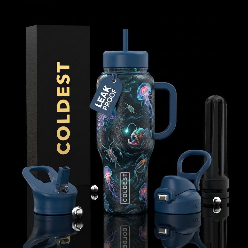 Deep dark ocean with bioluminescent creatures water bottle design