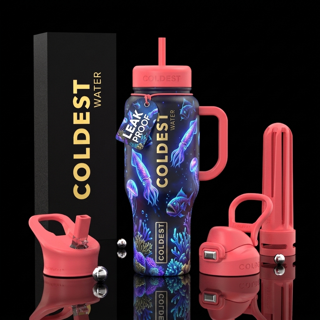 Glowing squid and glowing sea creatures water bottle design