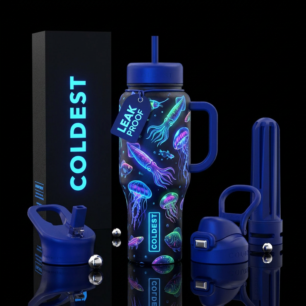 Glowing squid and glowing sea creatures water bottle design