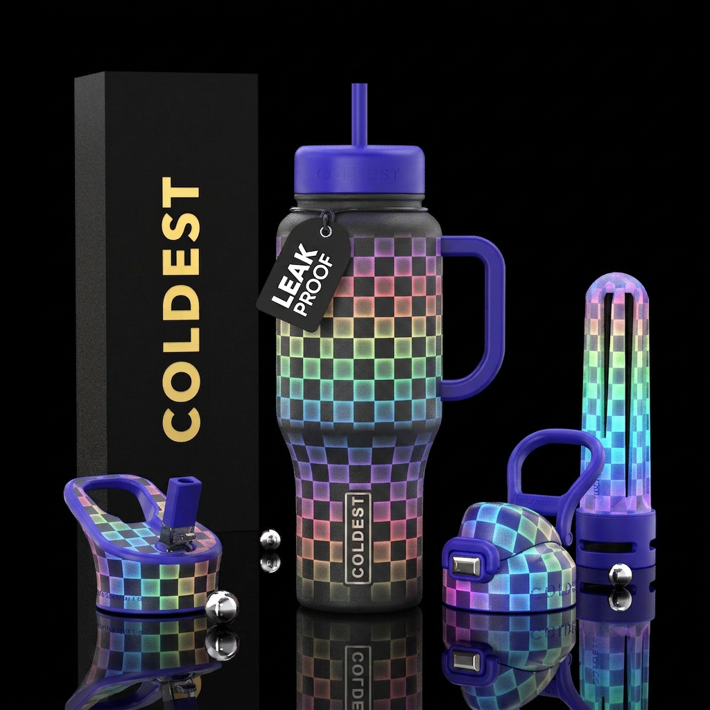 Glowie rainbow checkered water bottle design