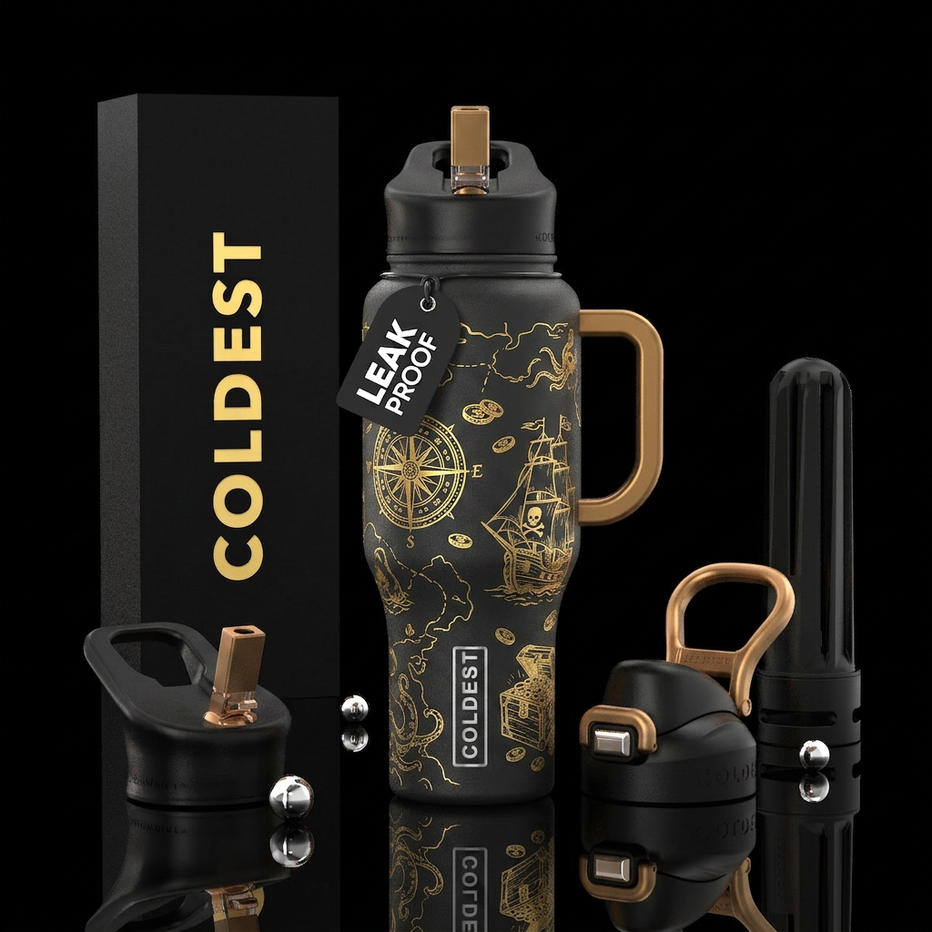 Black bottle gold engraved compass treasure pirate... water bottle design