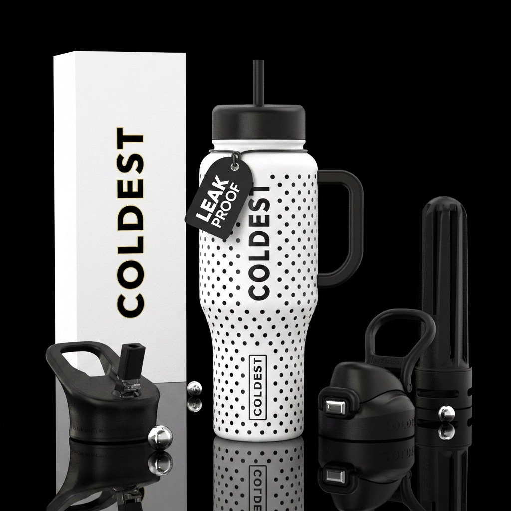 White bottle with small black dots all over the bo... water bottle design