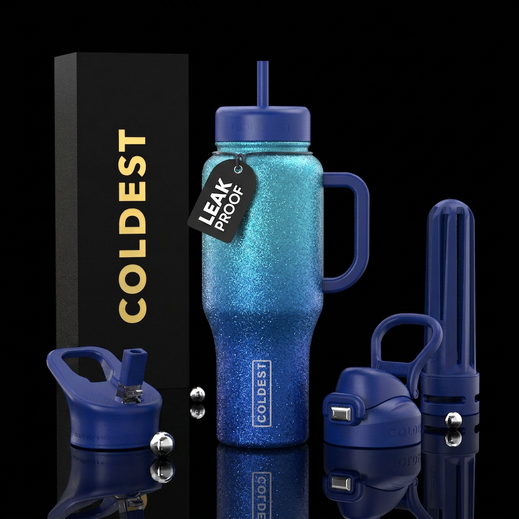 Ombré blue glitter water bottle design