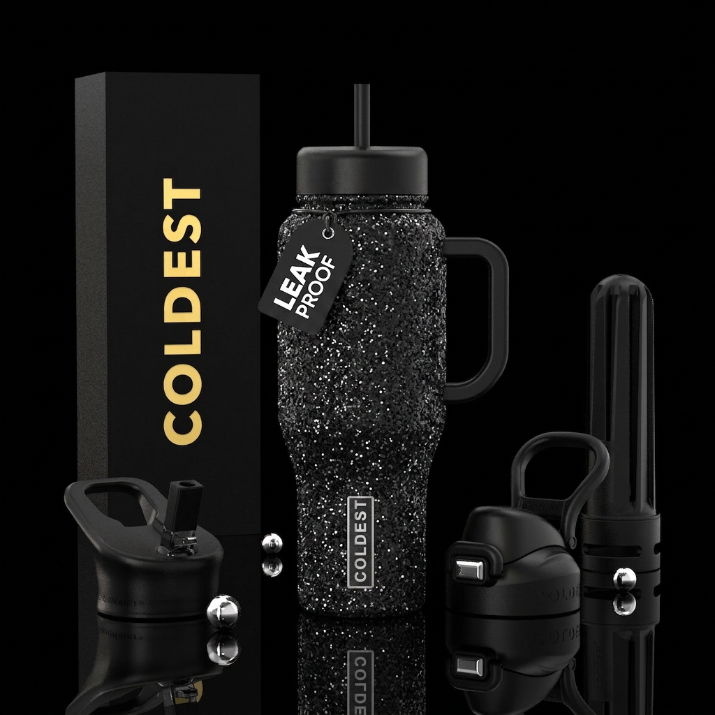 Black glitter water bottle design