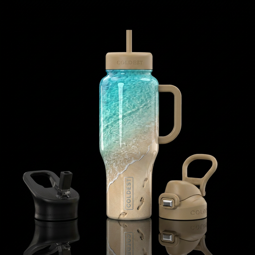 Beaches sand foot prints in sand water bottle design