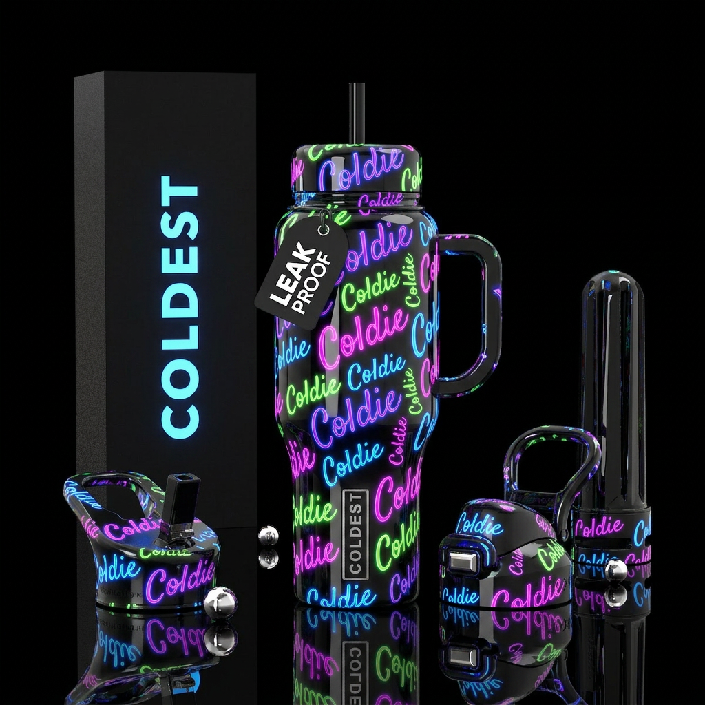 Glowie bottle glossy with Coldie writing all over ... water bottle design