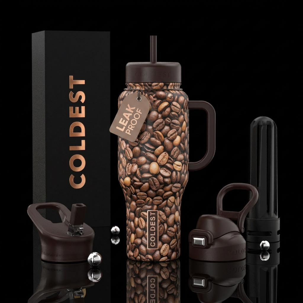 Espresso beans all over the bottle water bottle design