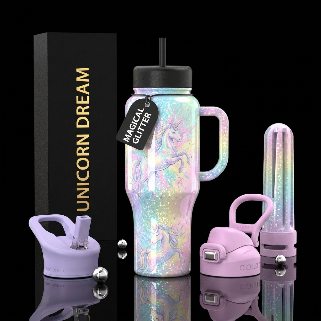 Magical unicorn bursts into glitter soft pastel water bottle design