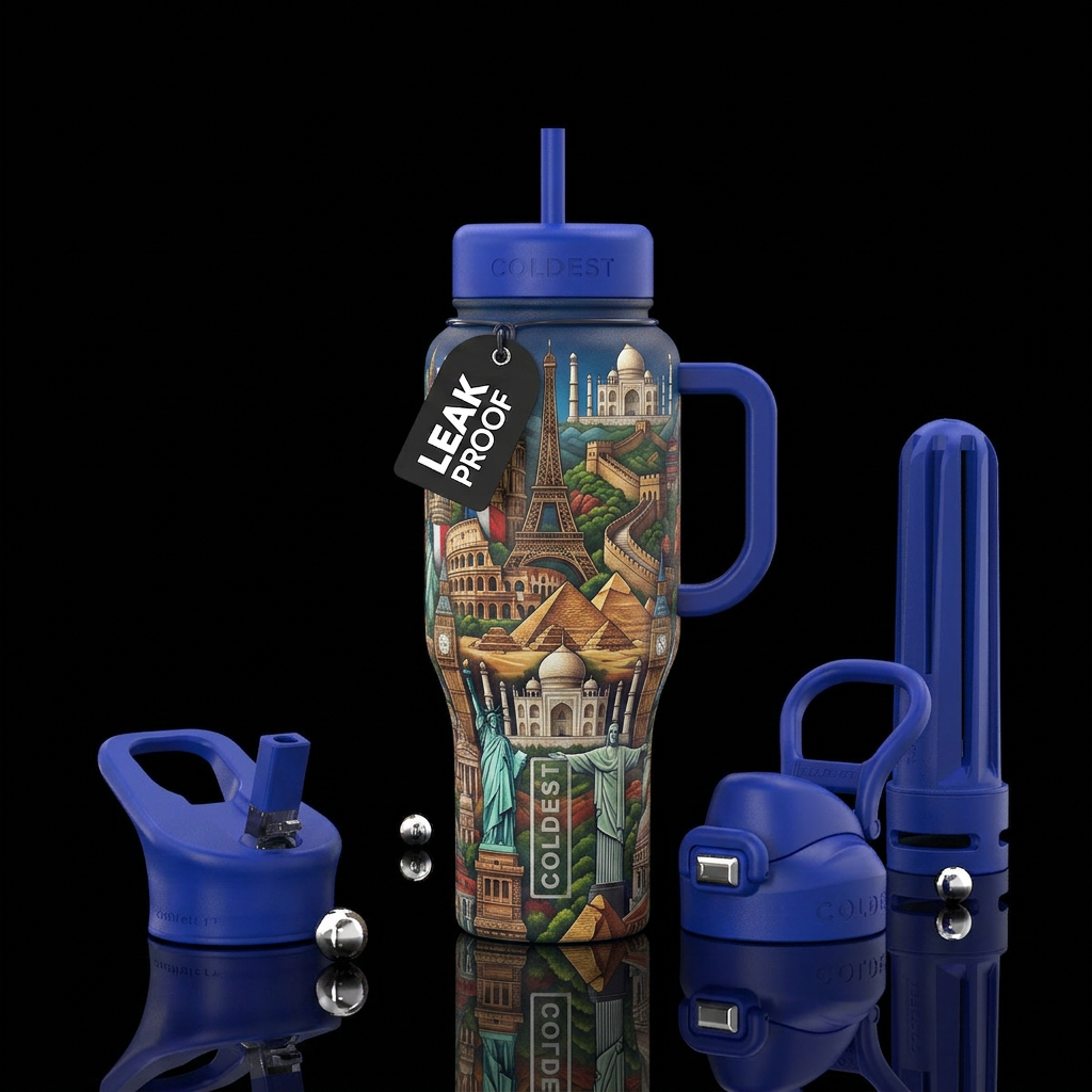 World famous National  landmarks all over the bott... water bottle design