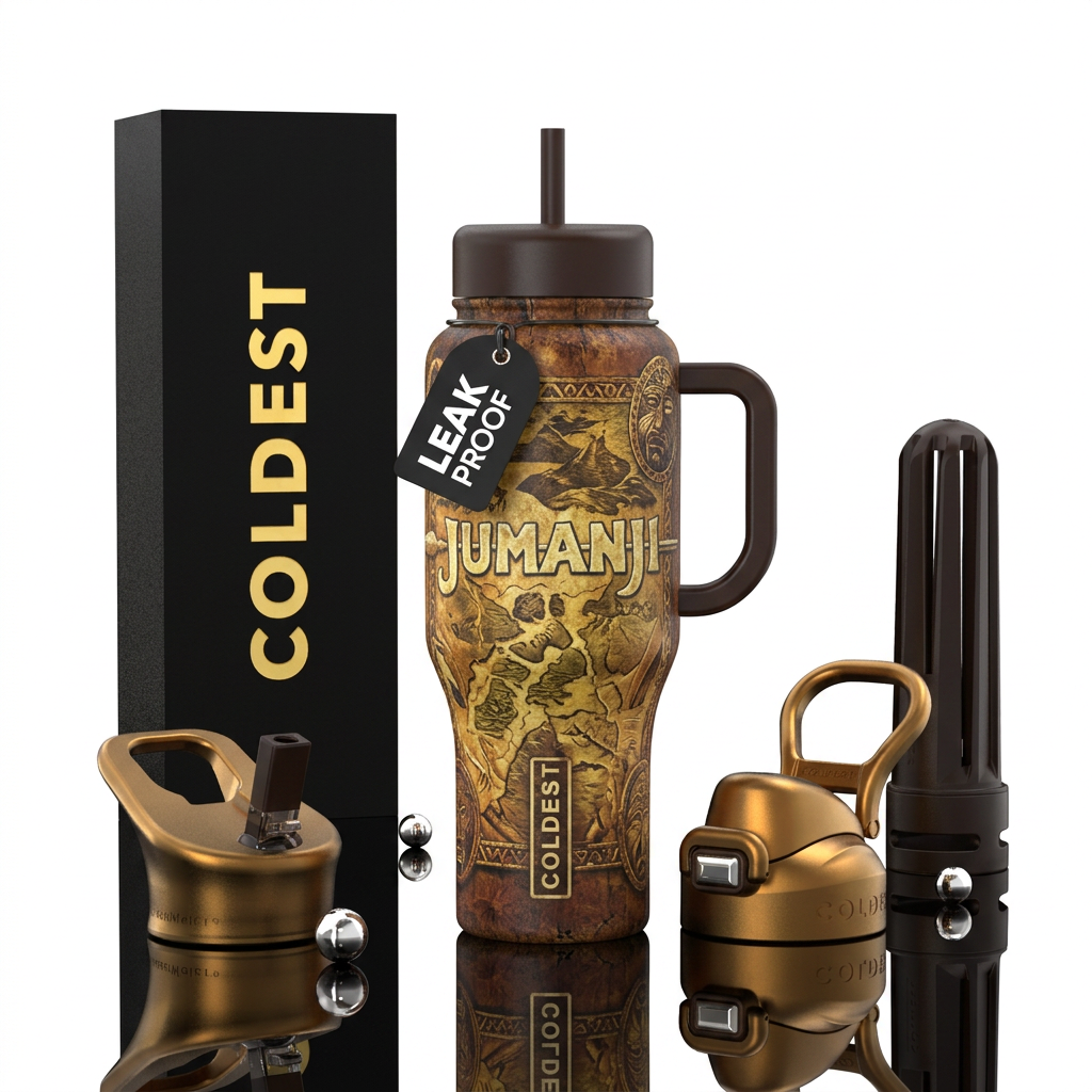 Vintage jumanji style bottle browns and golds water bottle design