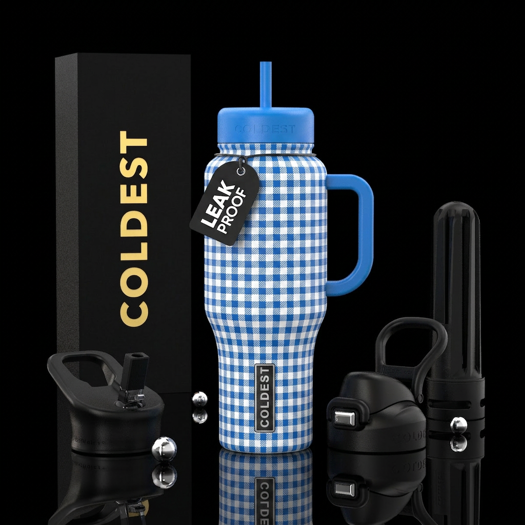 Small blue and white picnic checkered picnic water bottle design
