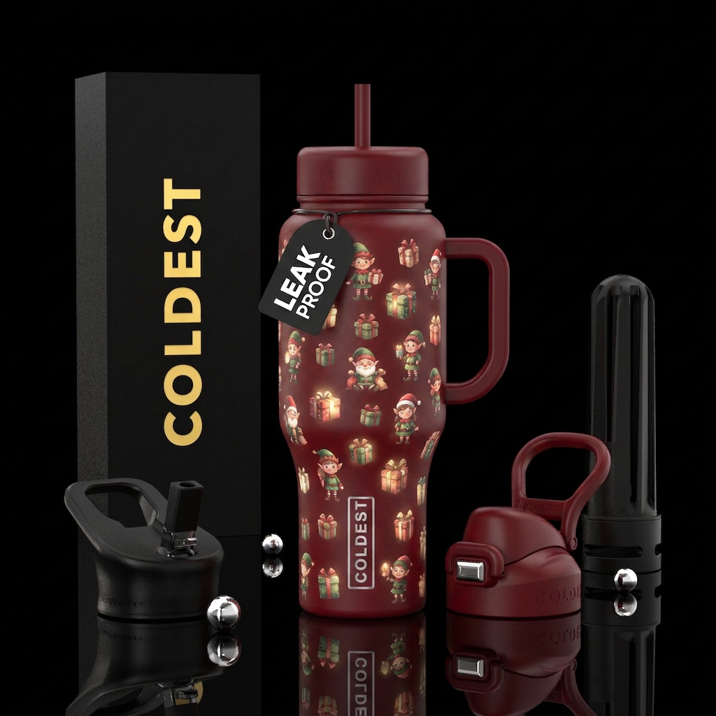 Dark red bottle with glowie elves and presents water bottle design