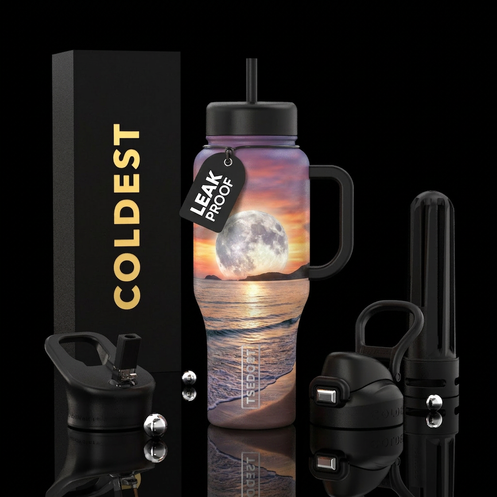 A peaceful beach at sunset with warm shades of ora... water bottle design