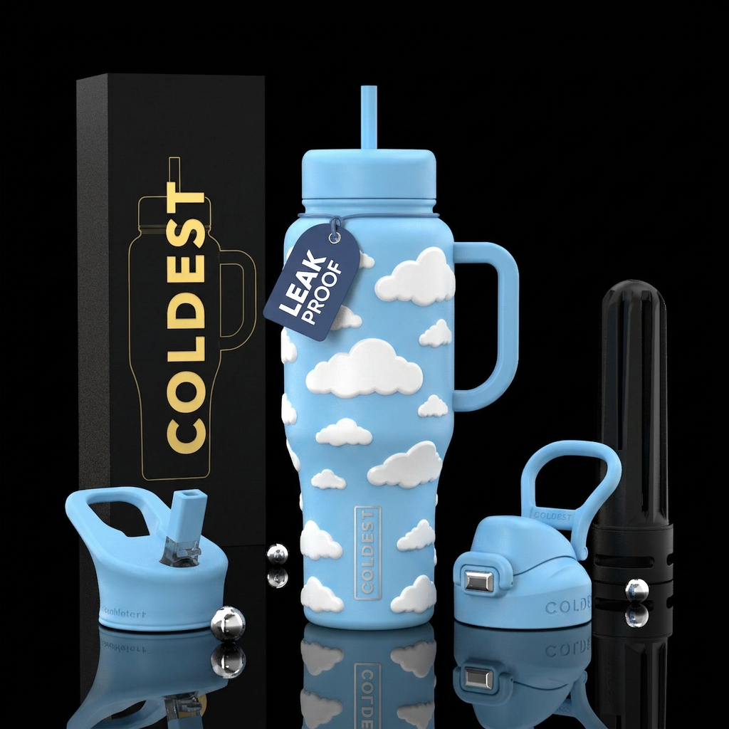 Baby sky blue bottle with big and small white clou... water bottle design
