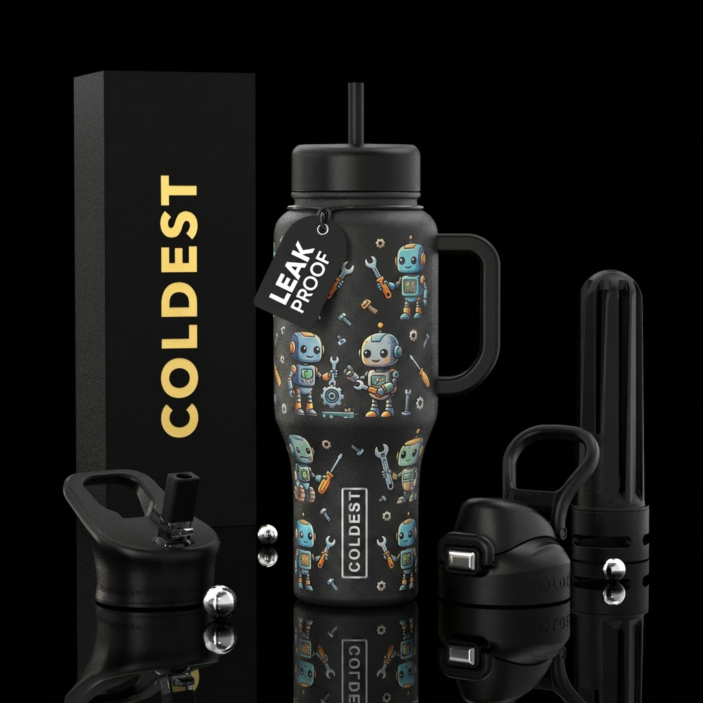 Cute robots with small mechanism tools and lose bo... water bottle design