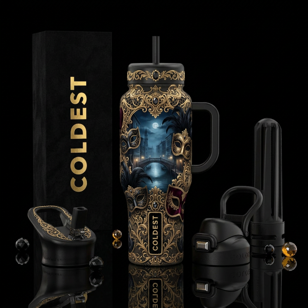 Luxurious Venetian masquerade masks, dark and myst... water bottle design