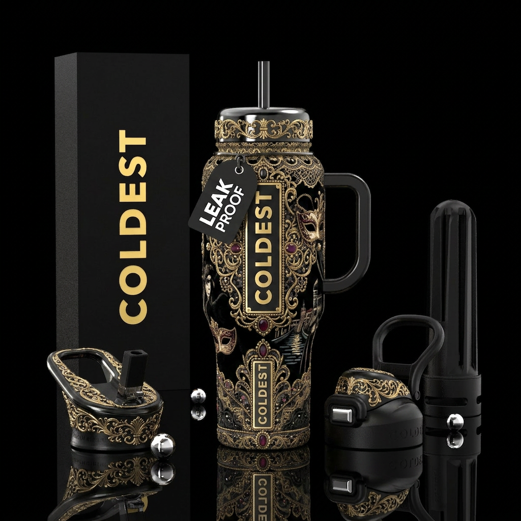 Luxurious Venetian masquerade masks, dark and myst... water bottle design
