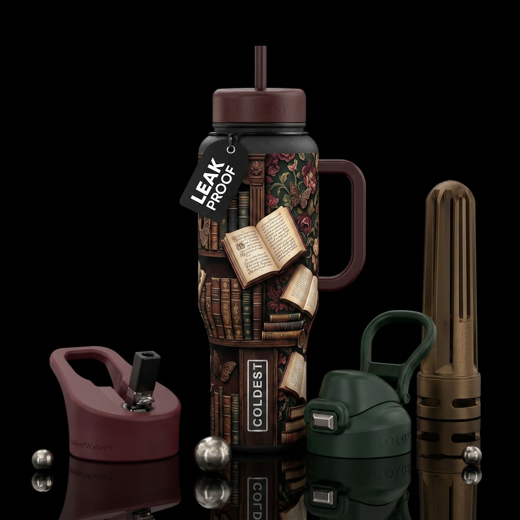 Visible book spines, open flying book pages, antiq... water bottle design