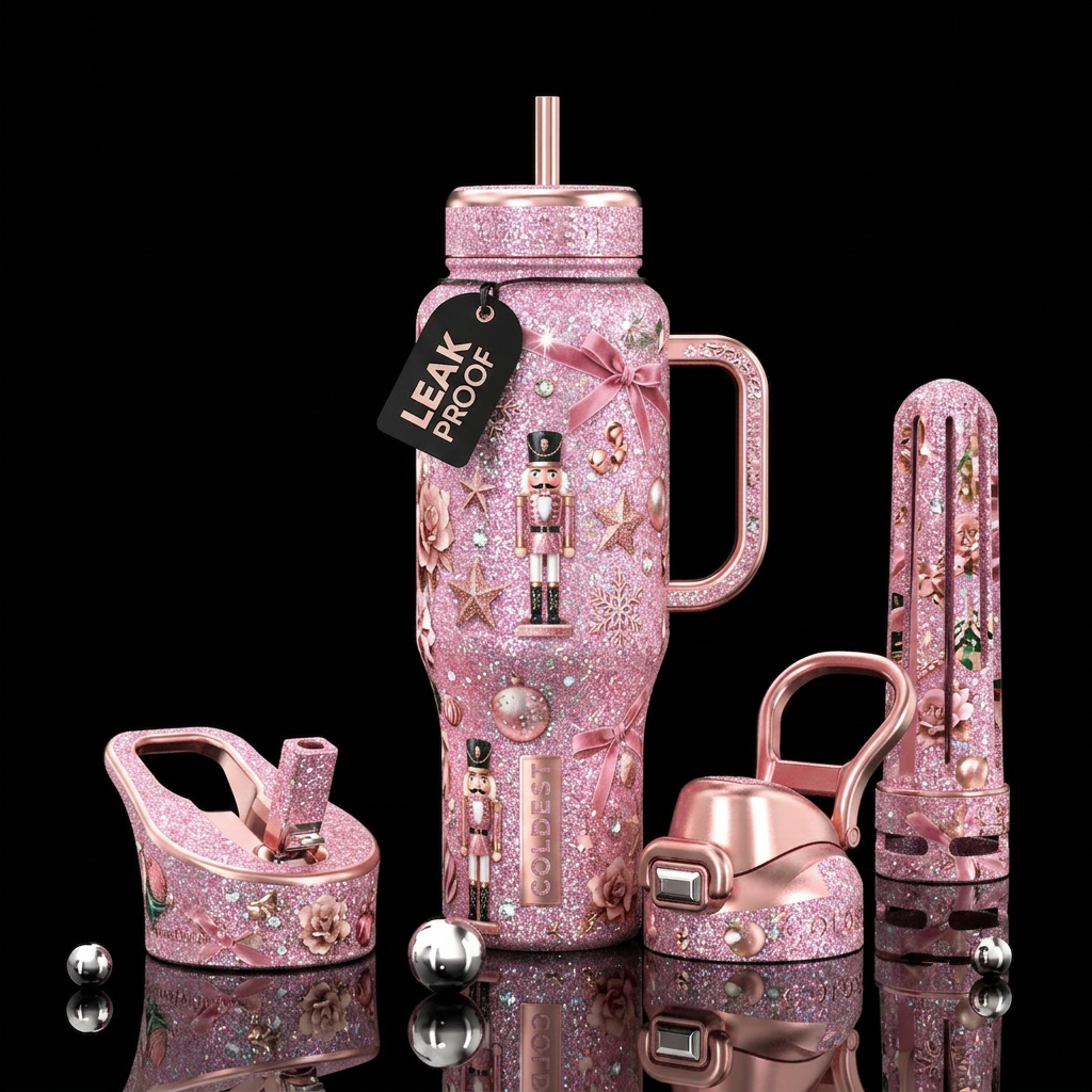 Nutcracker Ultra-fine pink glitter texture across ... water bottle design