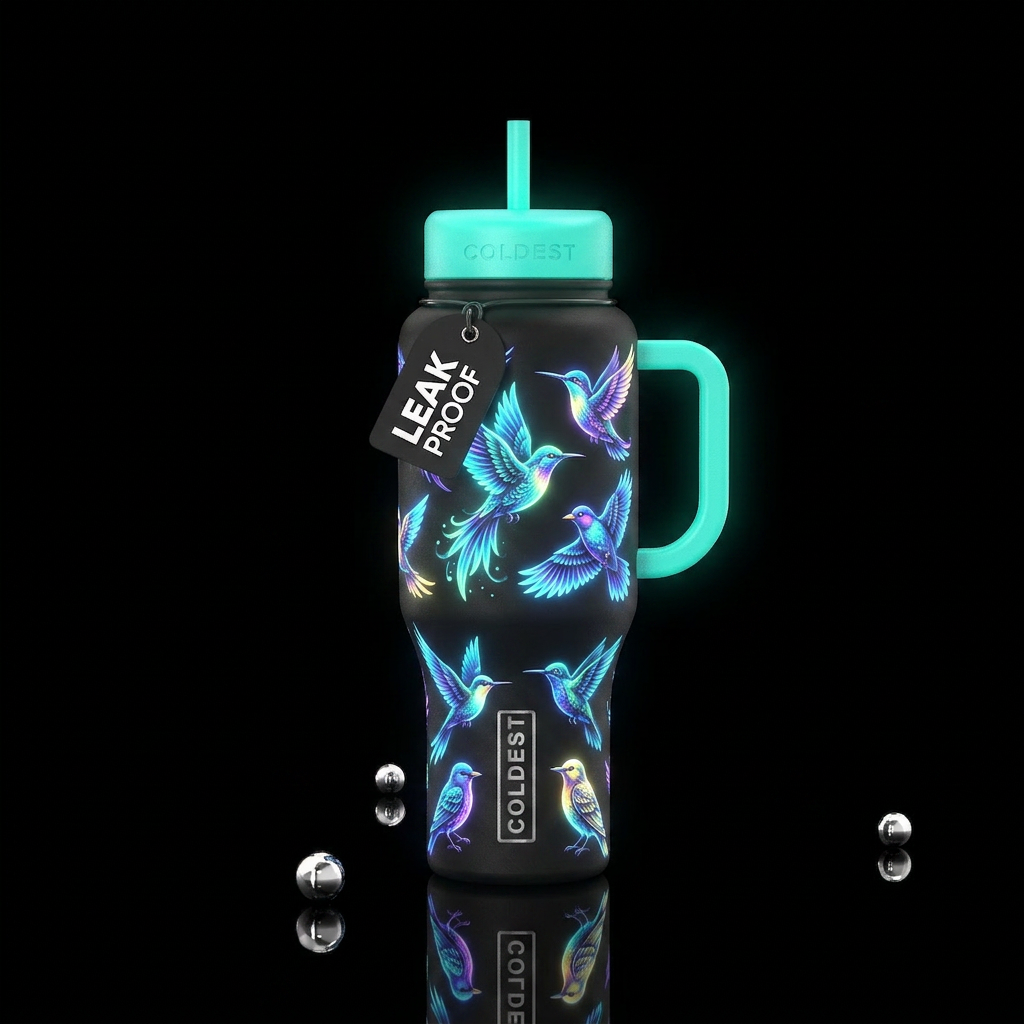 Glow in the dark magical birds water bottle design