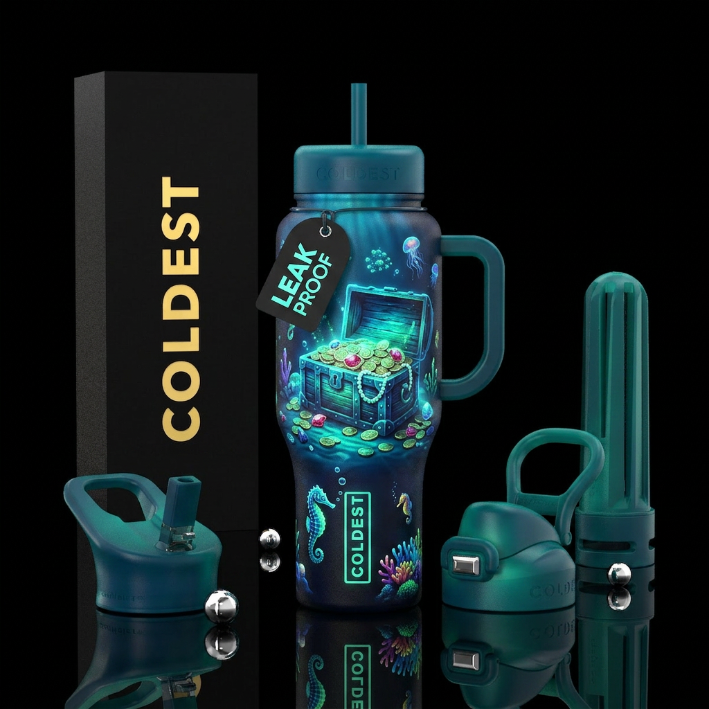 Glow in the dark open underwater treasure chest water bottle design