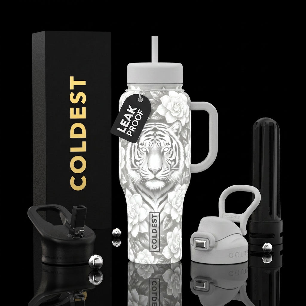 Glow in the dark white tiger with gardenia water bottle design