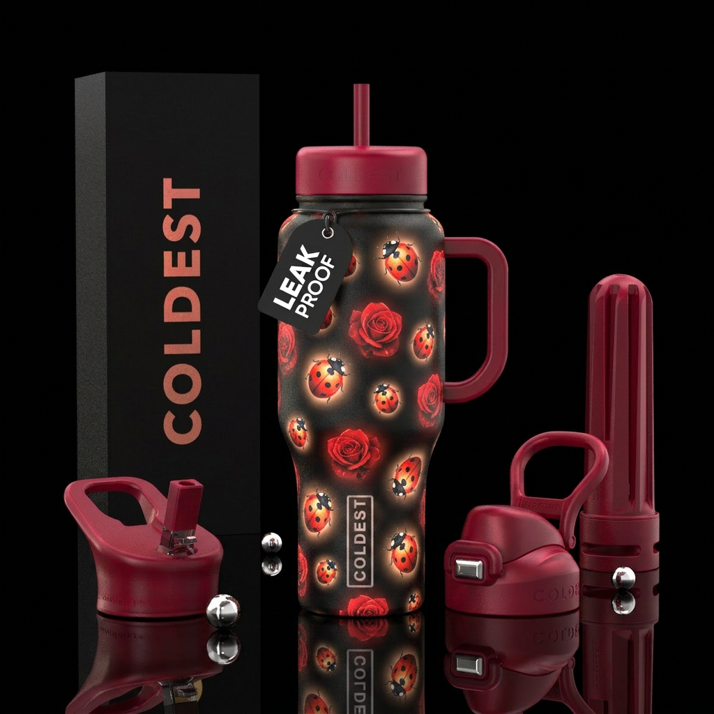 Lady bugs and red roses glow in dark water bottle design