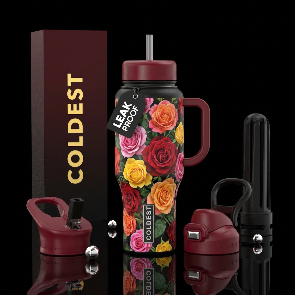 Vibrant colorful roses water bottle design