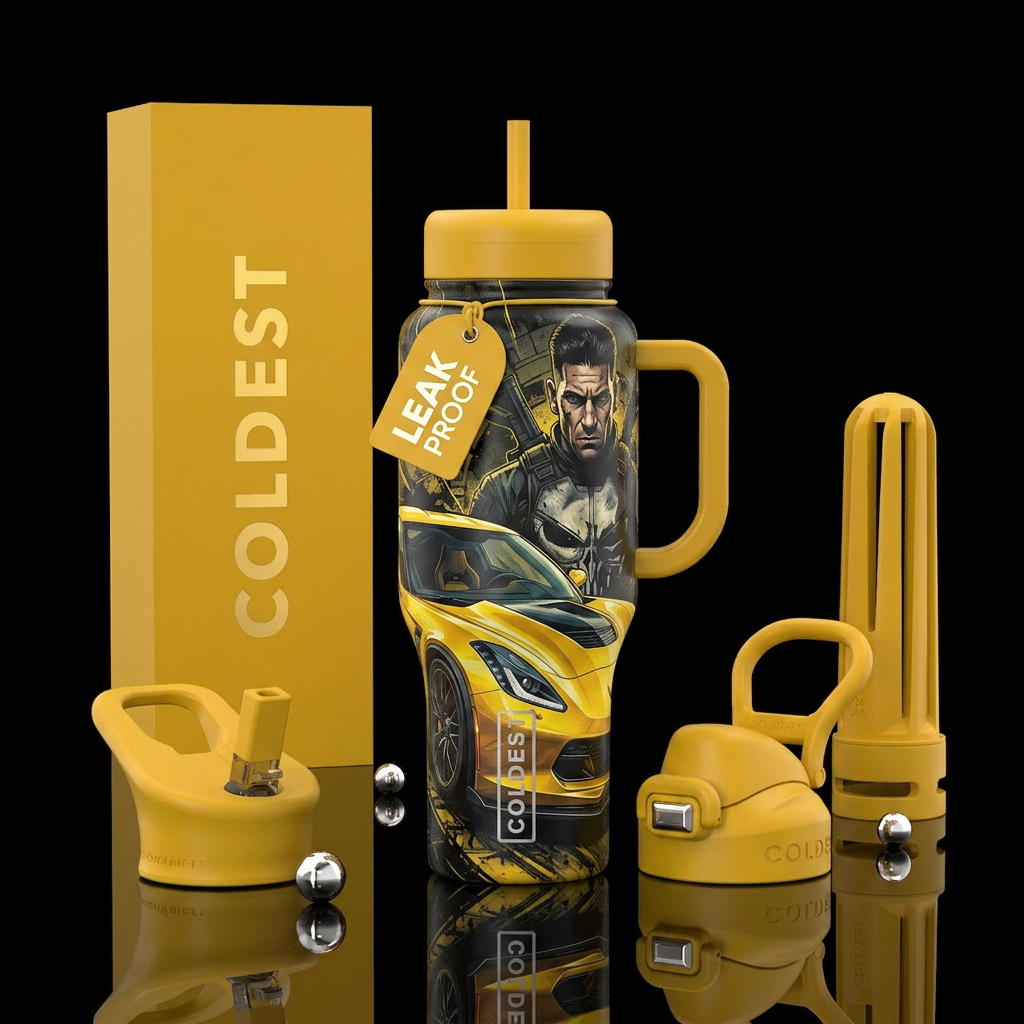 Yellow Z26 Corvette with the punisher's portrait water bottle design