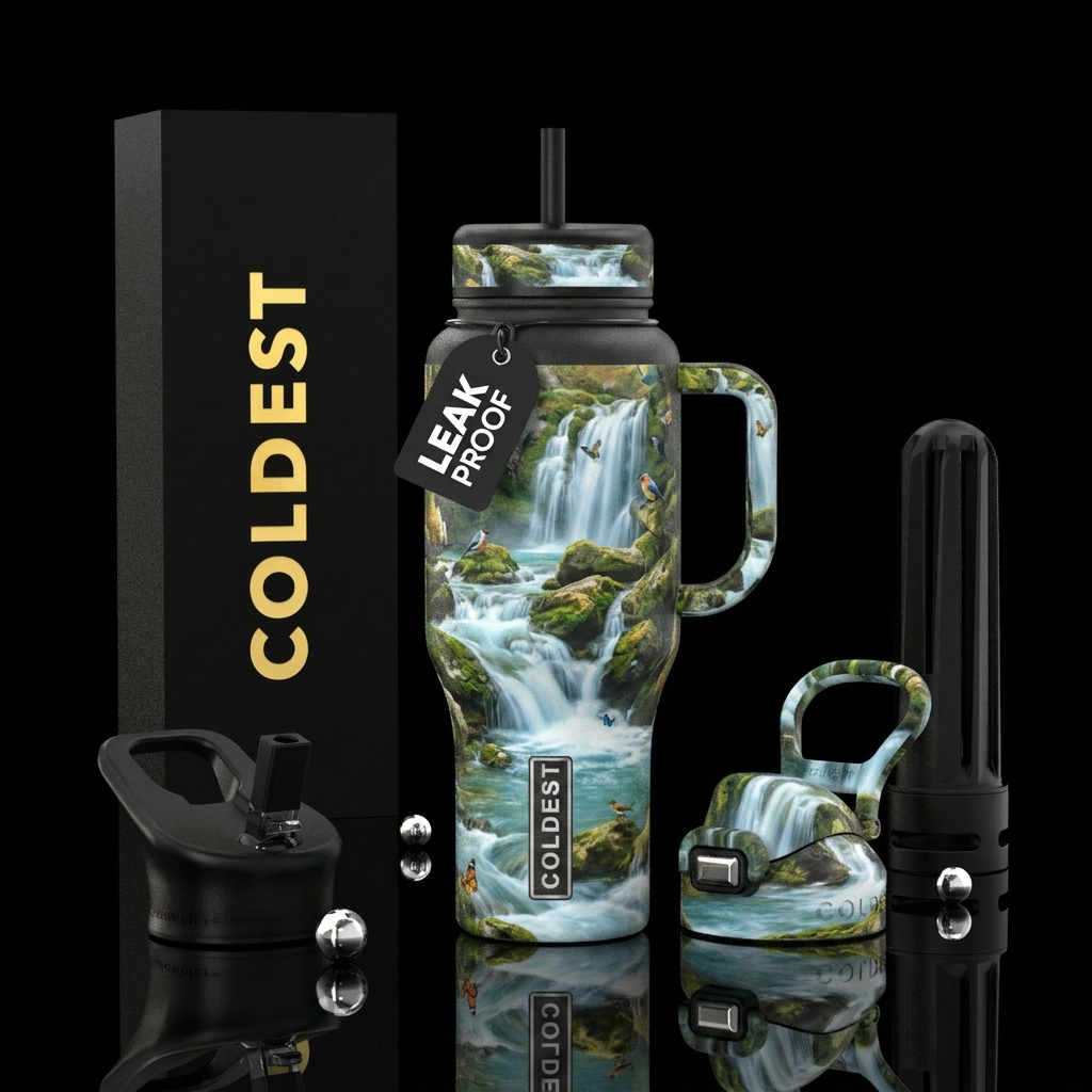 Waterfalls in Italy with birds butterflies water bottle design
