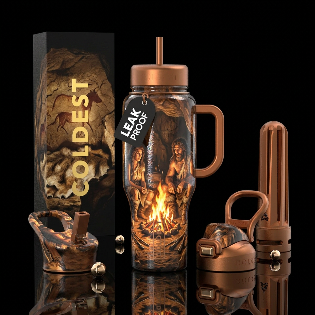 Caveman and cavewoman sitting by glowing flickerin... water bottle design