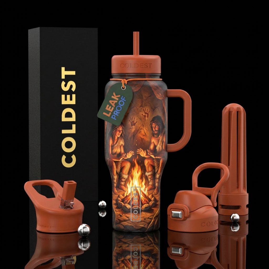 Caveman and cavewoman sitting by glowing flickerin... water bottle design
