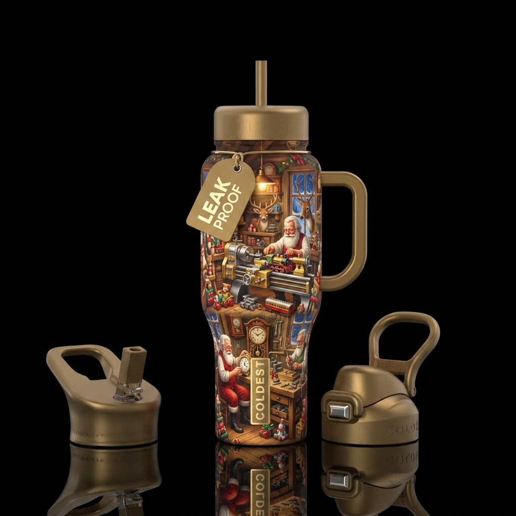 Santa workshop with elders working water bottle design