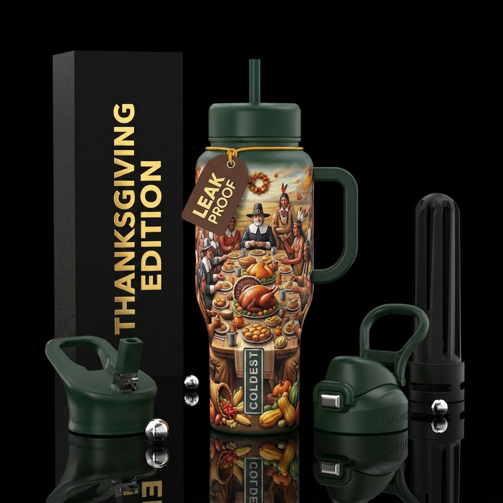 Thanksgiving with Pilgrims and Indian feast water bottle design