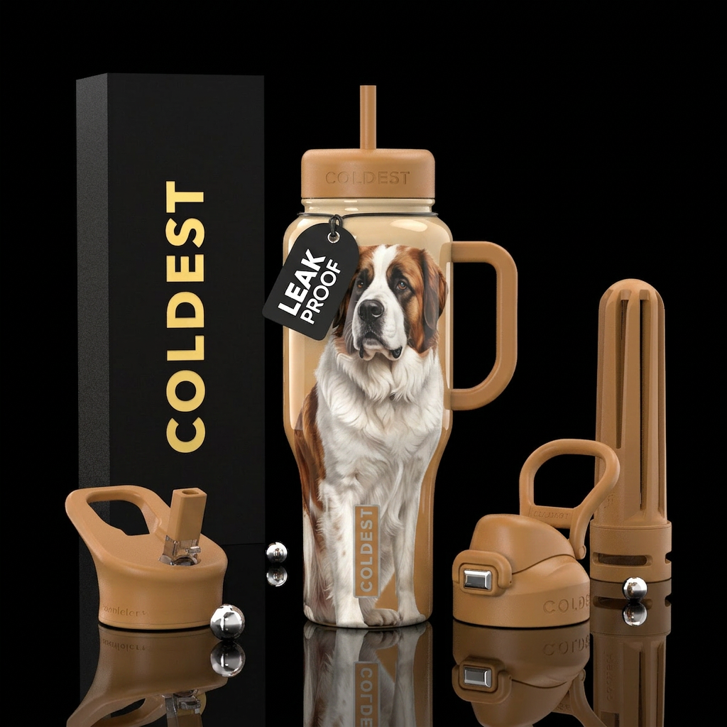 White with brown ear great pioneer and saint Berna... water bottle design