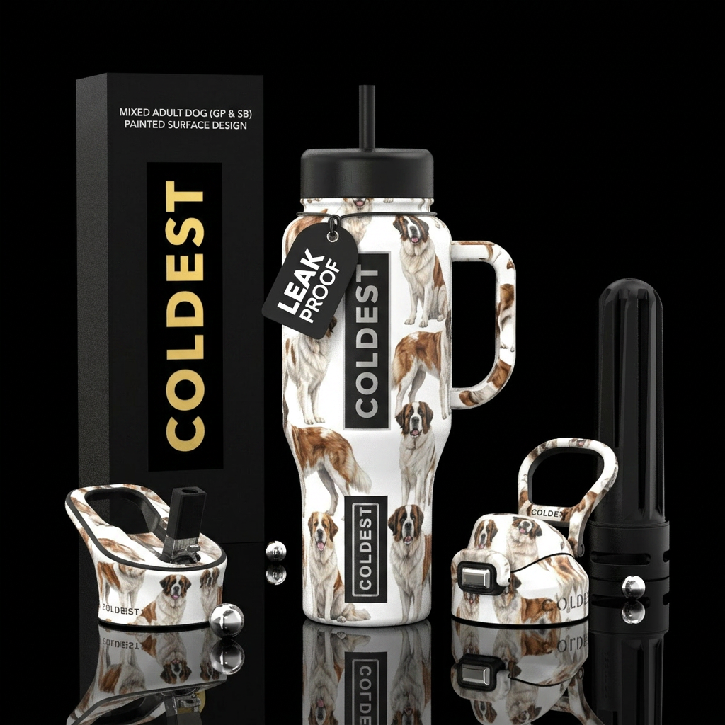 White with brown ear great pioneer and saint Berna... water bottle design