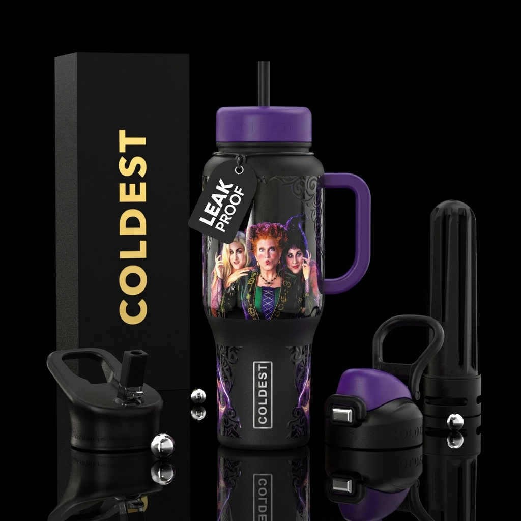 Hocus pocus with the three witchesqith glowing wan... water bottle design