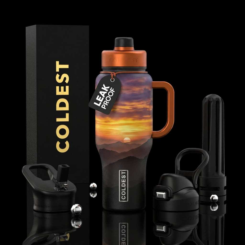 Mountain sunset water bottle design