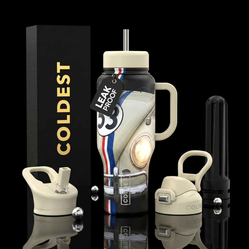 Herbie the love bug with glowing headlights water bottle design
