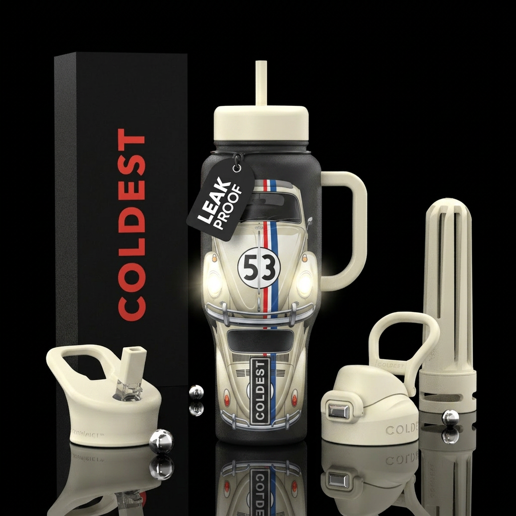 Herbie the love bug with glowing headlights water bottle design